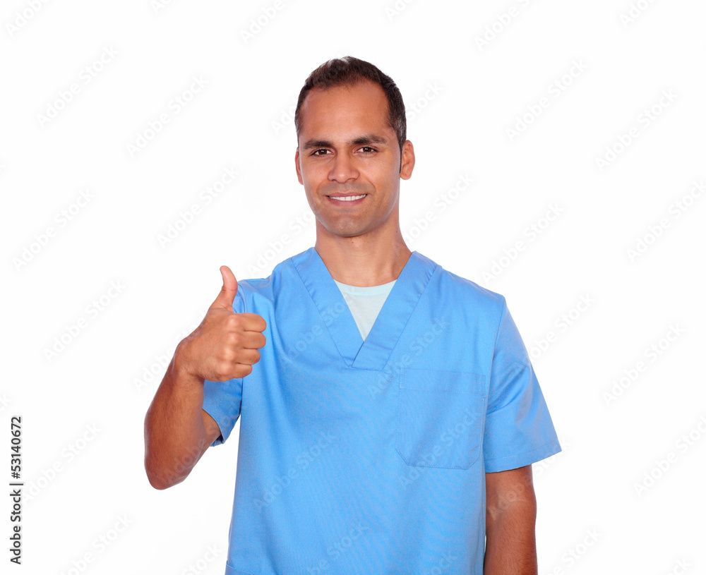 Smiling male nurse showing ok sign with fingers Smiling male nurse showing ok sign with fingers