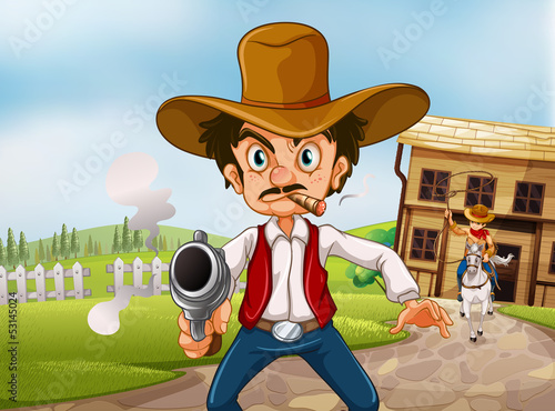 An old man wearing a hat holding a gun with a cigarette