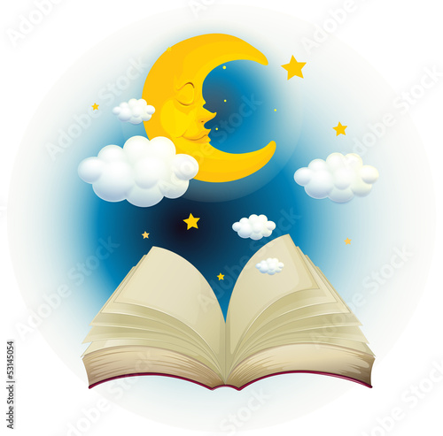 An empty open book with a sleeping moon