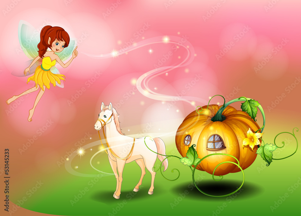 A fairy and a pumpkin cart A fairy and a pumpkin cart