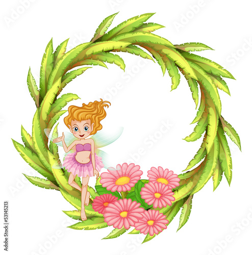 A green round border design with a fairy
