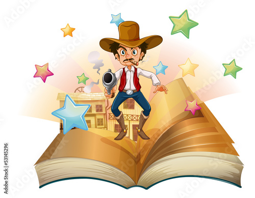 A book with an image of an armed man
