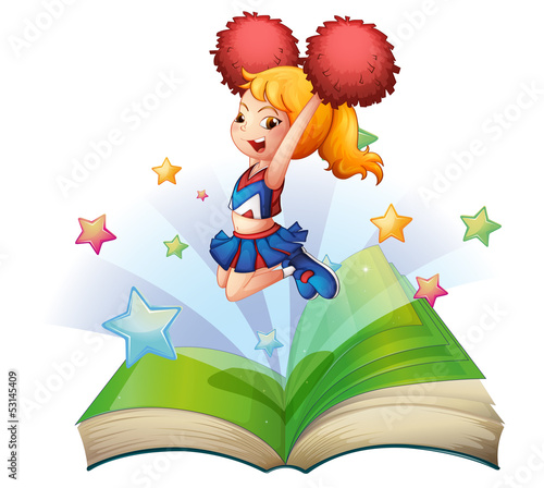 An open book with an image of a dancing cheerleader