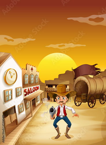 An old man wearing a hat holding a gun outside the saloon