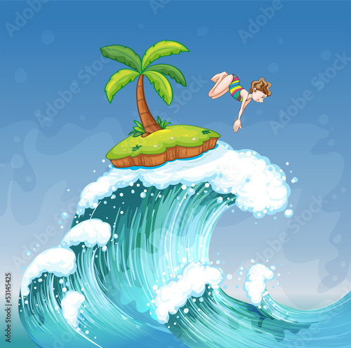 A girl diving on the sea with a small island