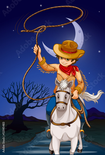 A cowboy holding a rope while riding a horse