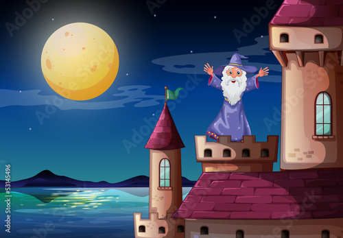 A wizard standing above a castle port