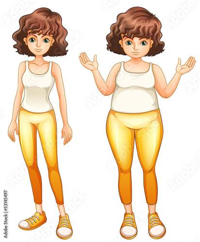 A fat and a slim lady in their yellow pants