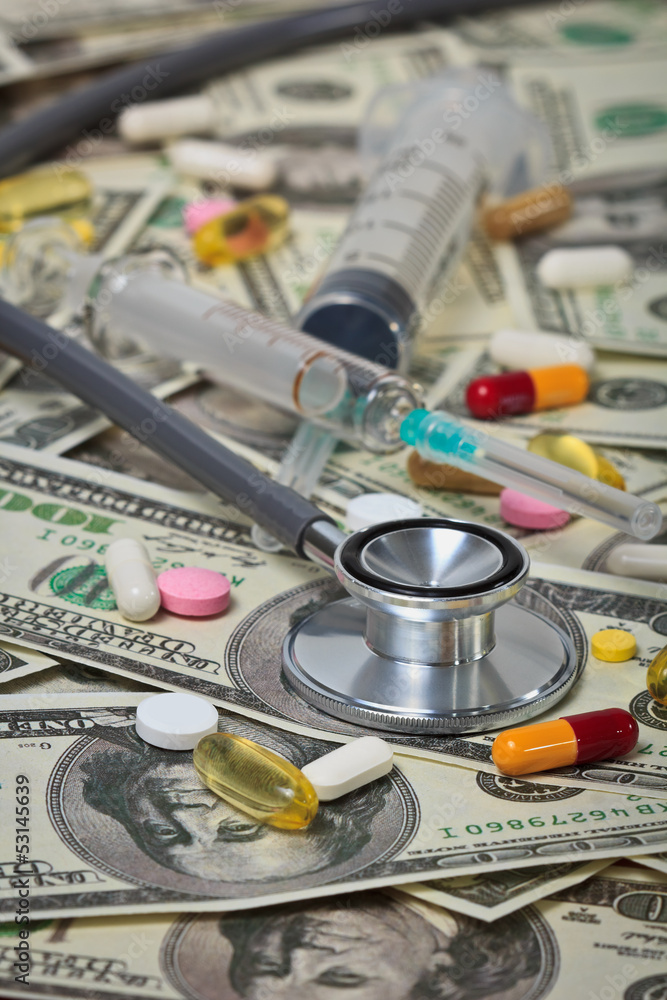 Stethoscope with hypodermic syringe and doze of medical tablets Stock Photo Adobe Stock