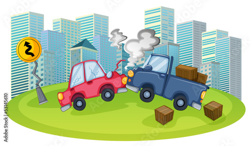 A car accident in front of the high buildings