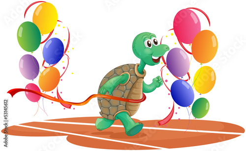 A turtle running with colorful balloons
