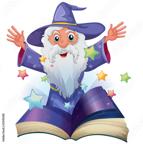 A book with an image of an old man with many stars