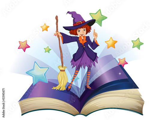 An open book with an image of a witch holding a broom