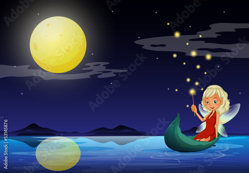A fairy in a boat holding a wand