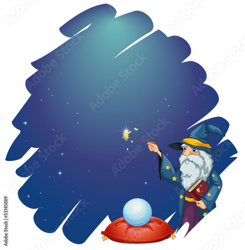 A wizard holding a magic wand and a book in front of the crystal