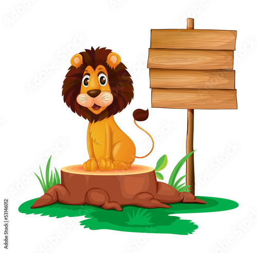 A lion sitting on a stump beside an empty wooden signboard