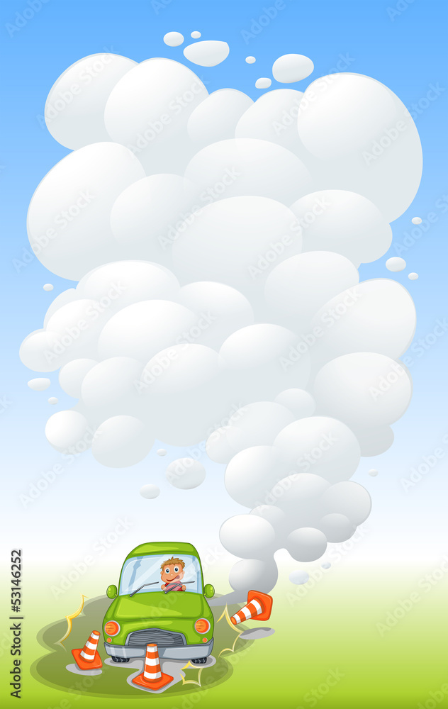 Fototapeta A green car in an accident with smoke