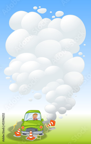 A green car in an accident with smoke