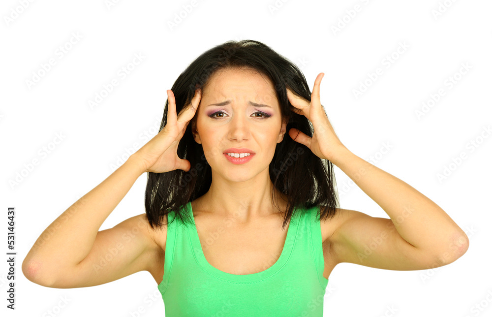 Young woman have headache on grey background Young woman have headache on grey background