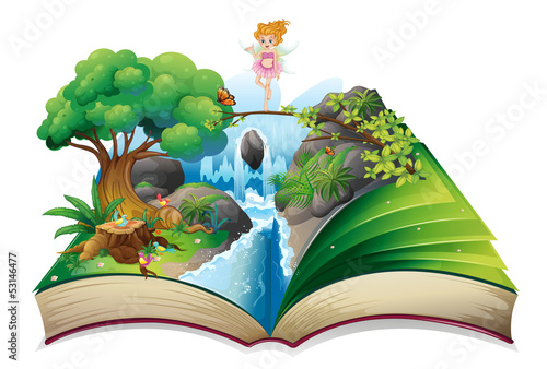 An open book with an image of a fairy land