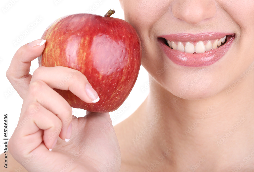 Smiling woman with apple close up Smiling woman with apple close up