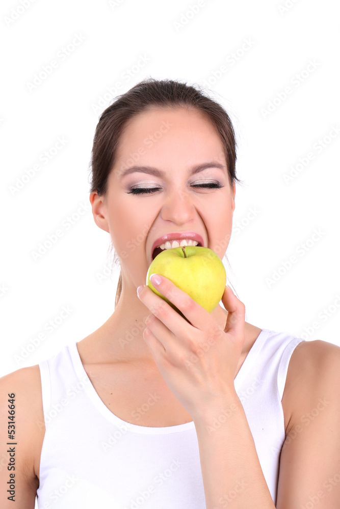 Young woman with apple isolated on white Young woman with apple isolated on white