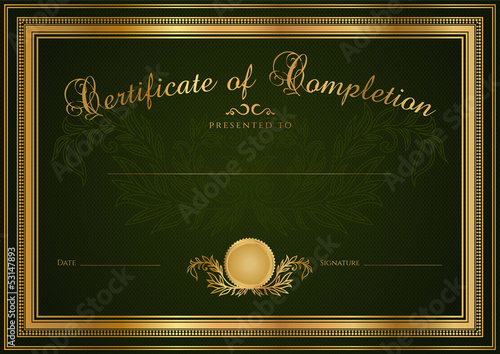 Green Certificate / Diploma template. Background design. Border