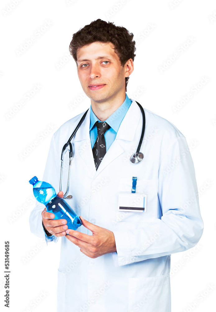 Portrait of a smiling male doctor holding bottle of water Portrait of a smiling male doctor holding bottle of water