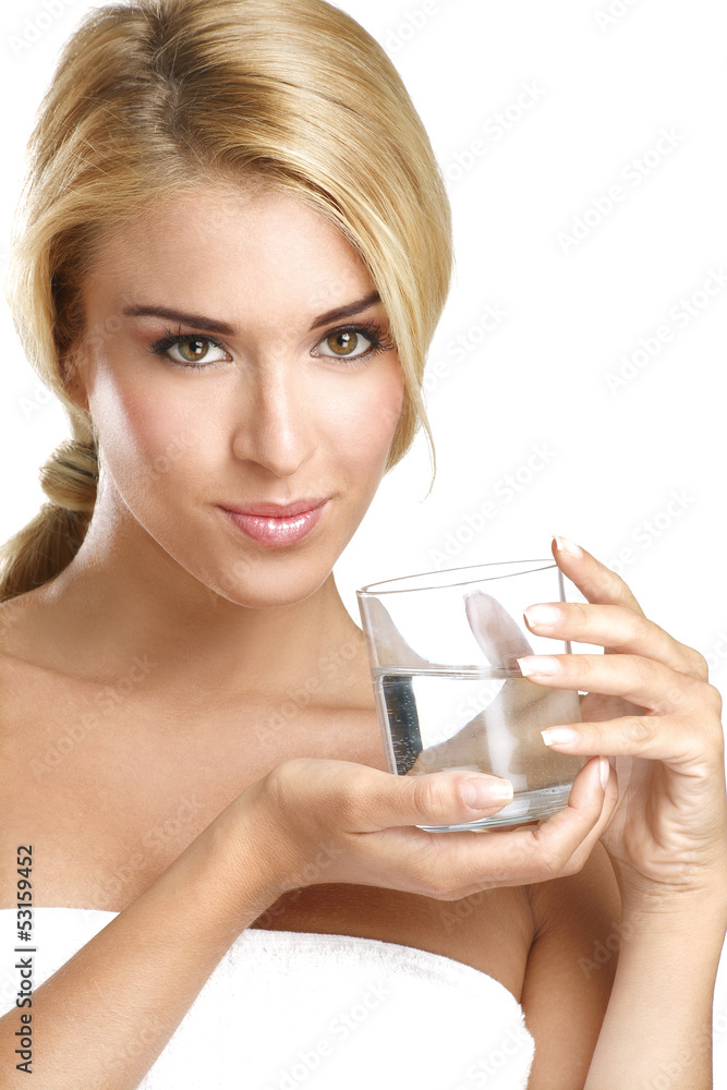 young beautiful woman drinking fresh water on white