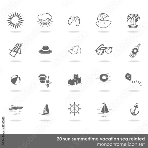 Fototapeta Naklejka Na Ścianę i Meble -  słońce plaża wypoczynek zestaw 20 ikon na białym tle
