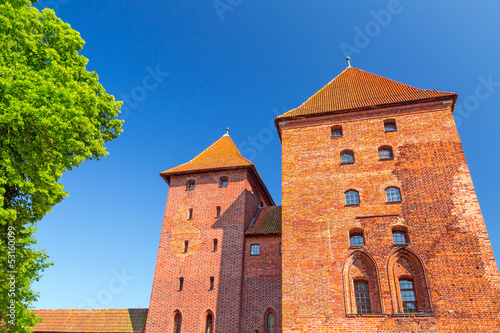 The wall and towers of Malbork castle in summer scenery, Poland