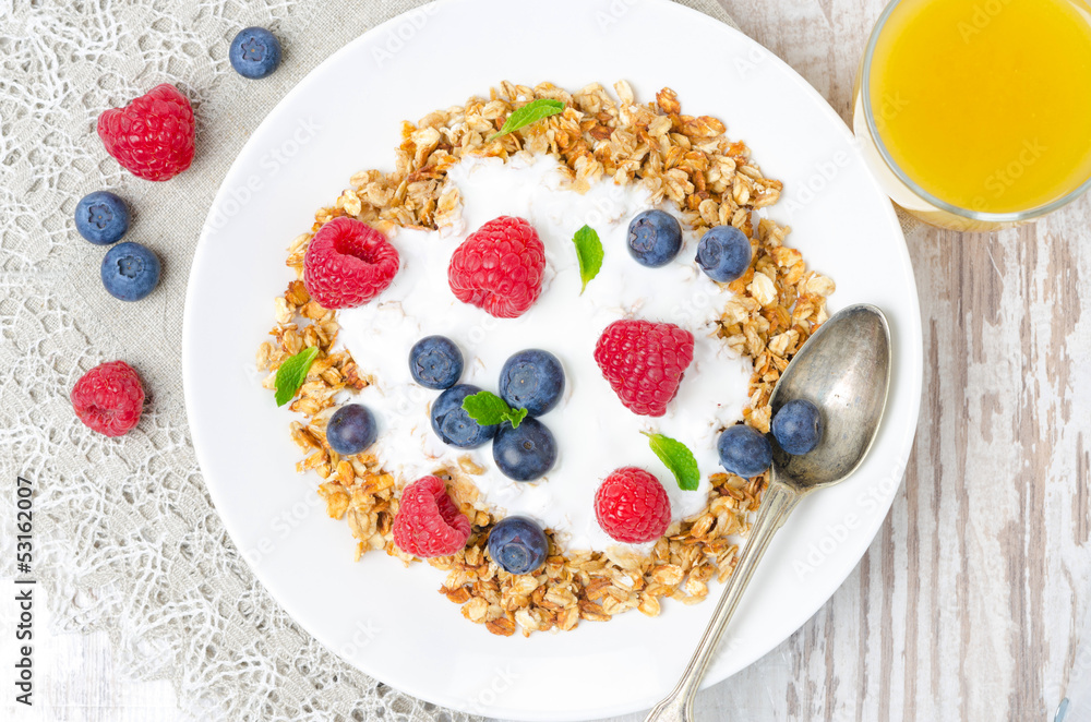 homemade granola with yogurt, fresh berries homemade granola with yogurt, fresh berries