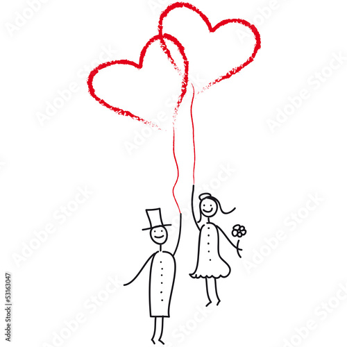 Wir heben ab - Hochzeitspaar mit Luftballon - Herzen, Wir fliegen in die Flitterwochen und genießen unsere Hochzeitsreise, Hochzeit, Geschenk, Vektor, isoliert