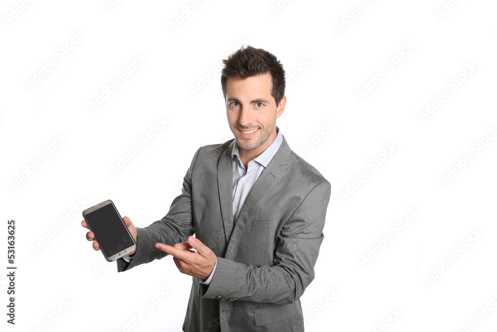 Businessman presenting application on smartphone Businessman presenting application on smartphone
