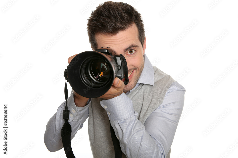 Portrait of photographer holding digital camera Portrait of photographer holding digital camera