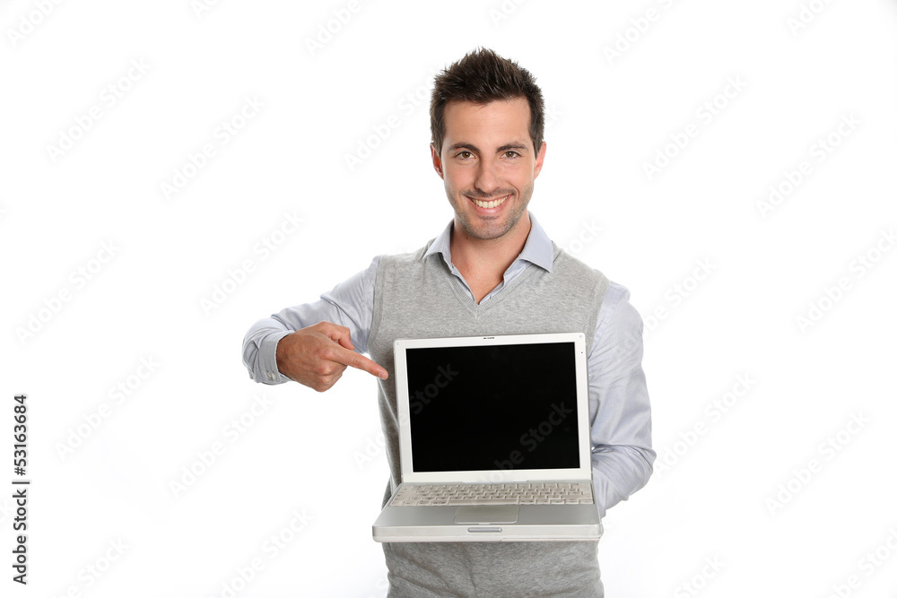 Successful man showing laptop screen to camera Successful man showing laptop screen to camera