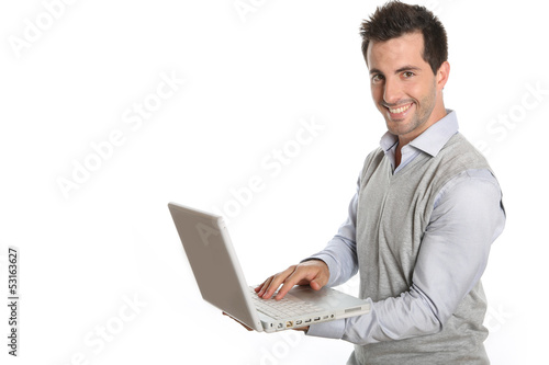 Cheerful man using laptop, isolated
