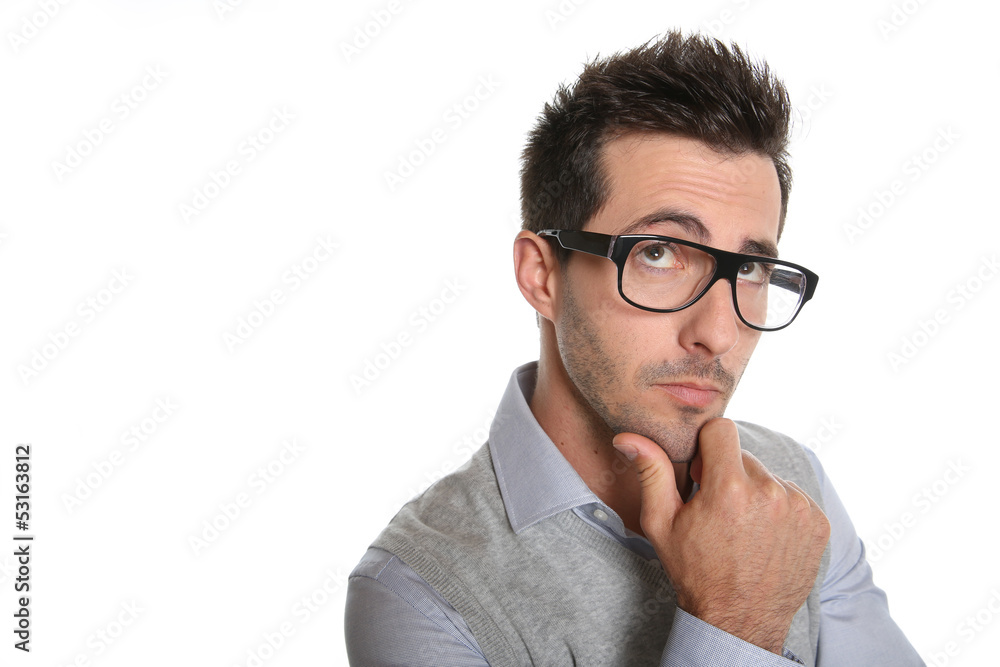 Thoughtful guy with eyeglasses Thoughtful guy with eyeglasses