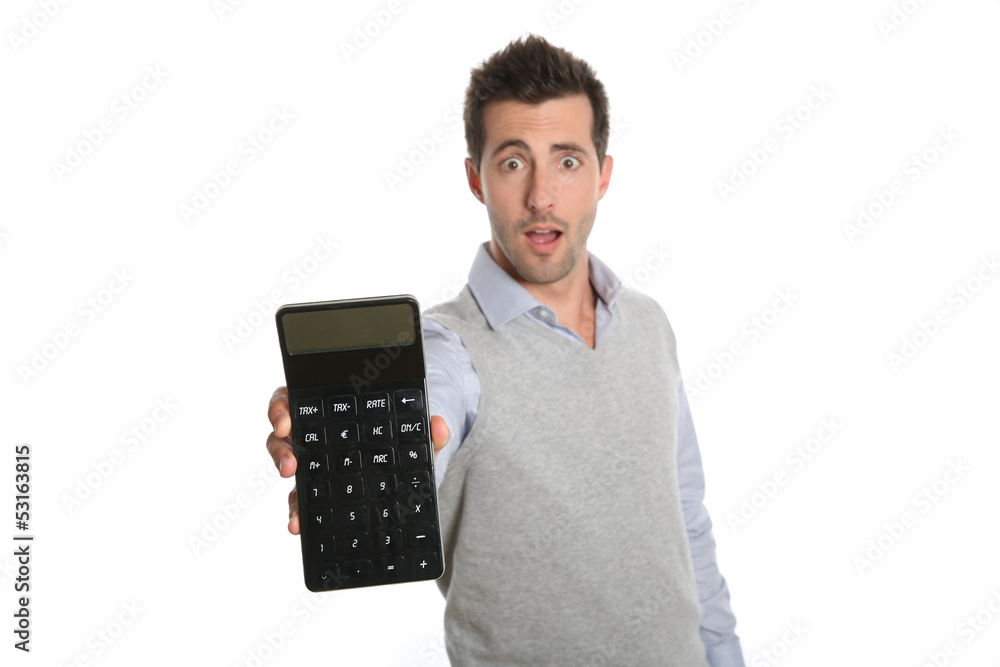 Worried man showing bad figures on calculator Worried man showing bad figures on calculator