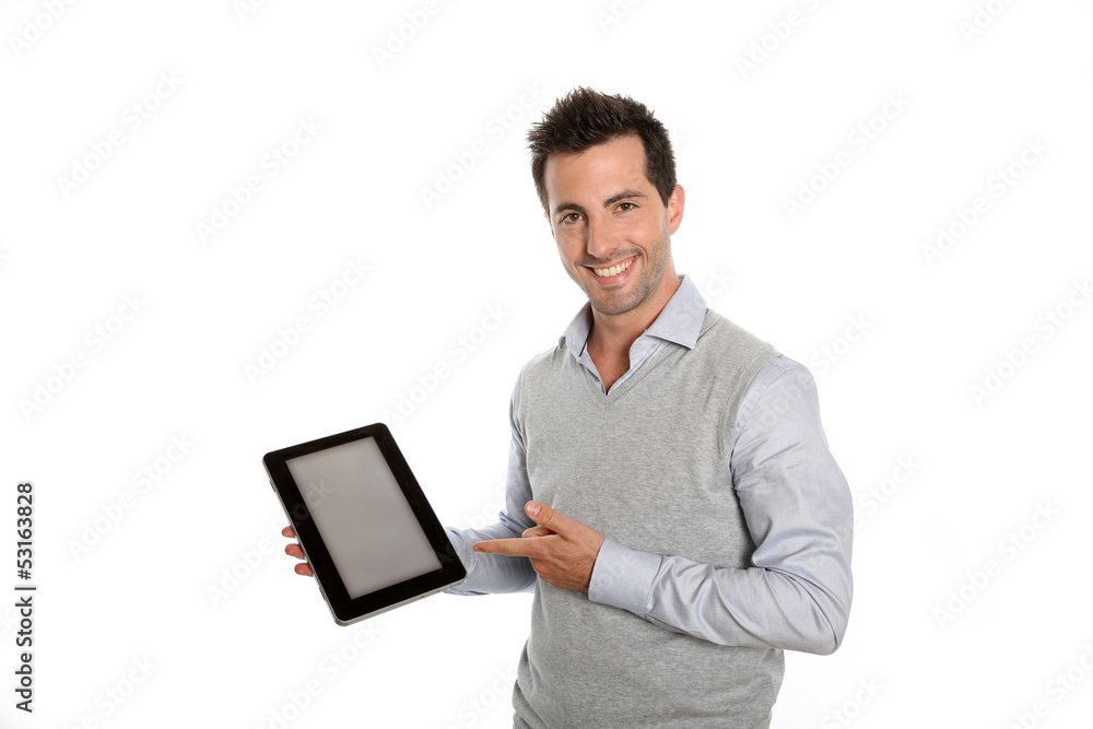 Startup businessman showing tablet screen Startup businessman showing tablet screen