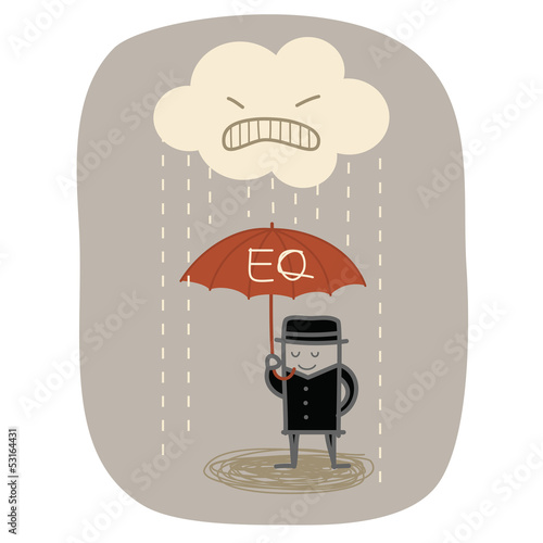 businessman use EQ umbrella to protect from angry rain