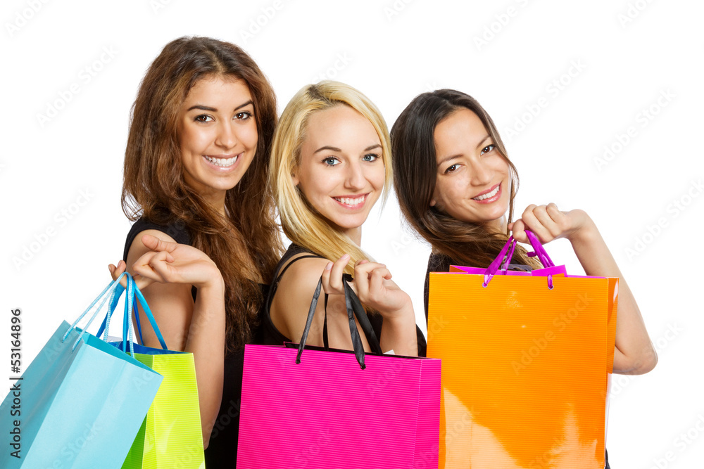 Three Girls with shopping bags over their shoulder Three Girls with shopping bags over their shoulder