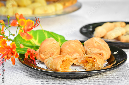 Chicken curry puff on a dish