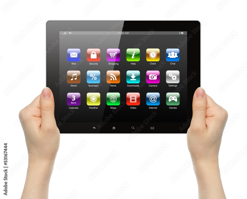 Woman hands holding tablet PC with icons on white background . Woman hands holding tablet PC with icons on white background .