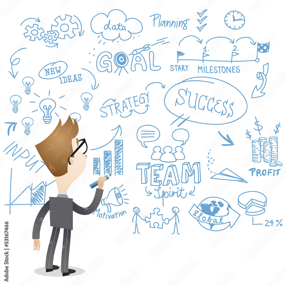 Businessman, scribbles, back view, success Businessman, scribbles, back view, success