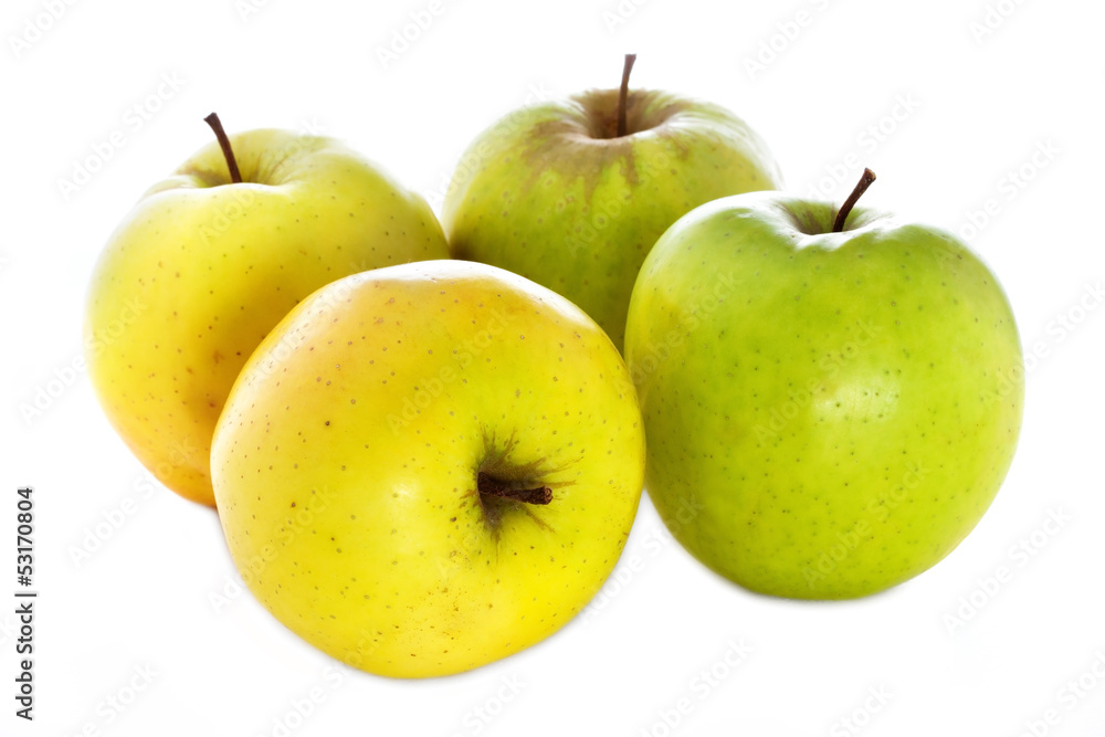 four fresh yellow green apples isolated on a white background four fresh yellow green apples isolated on a white background