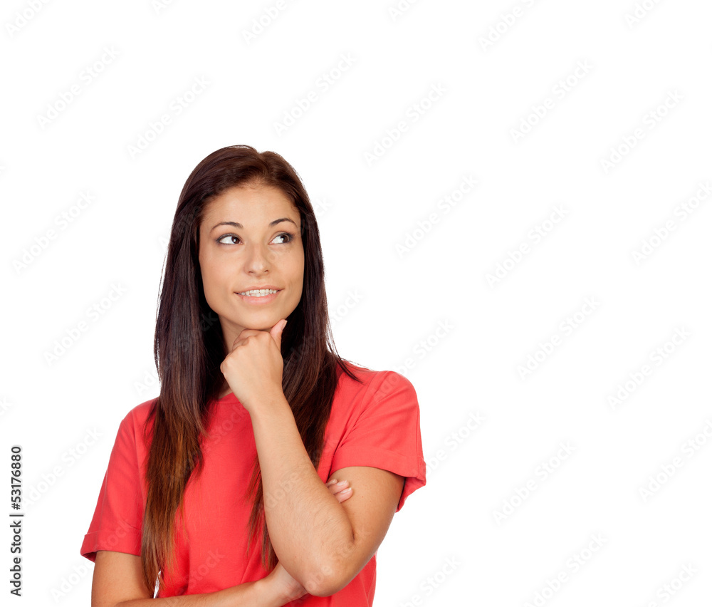 Pensive brunette girl dressed in red Pensive brunette girl dressed in red