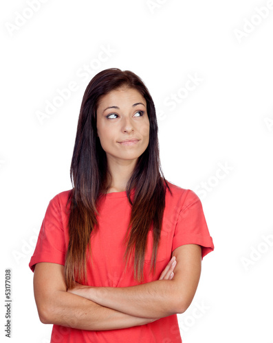 Pensive brunette girl dressed in red © Gelpi