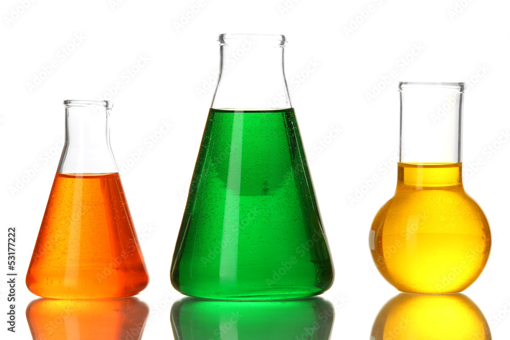 Test tubes with colorful liquids isolated on white Test tubes with colorful liquids isolated on white