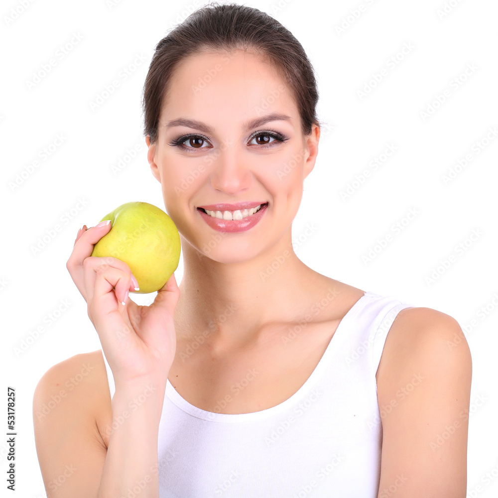 Smiling woman with apple isolated on white Smiling woman with apple isolated on white
